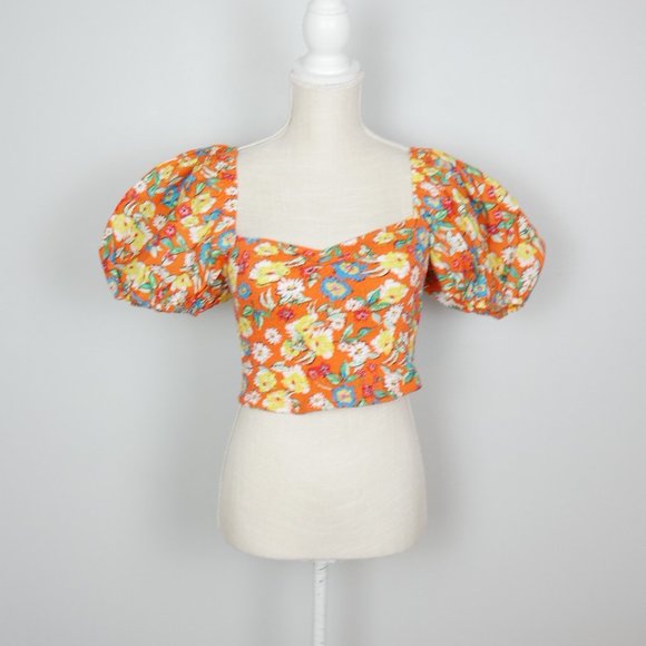 NWT Zara Orange Floral Crop Top Short Bubble Puff Sleeve Large - Picture 2 of 14